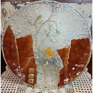 Beautiful Eterno Hand Made Fused Art Glass Serving Bowl Floral Desert 12.5"